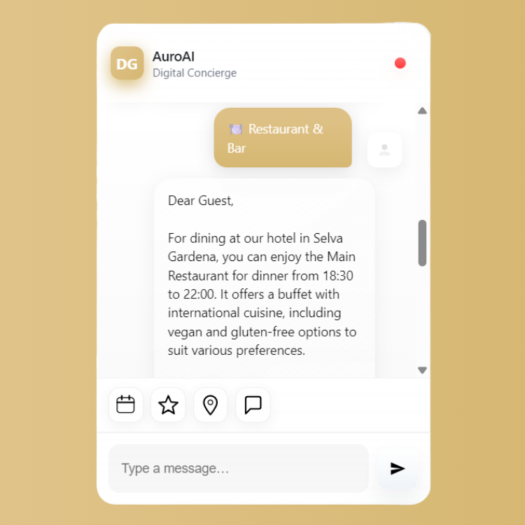 Übersicht der schnellen Auro AI Funktionen zu Beginn, finde Aktivitäten in der Nähe, Informationen zum Hotel, Angebote anfragen, Wanderwege, Skipisten oder Radtouren in Südtirole entdecken.