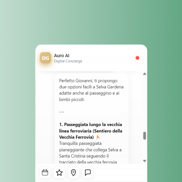 Beispielchat eines Nutzers der Auro AI Informationen zu einer Wanderung in Gröden fragt. Auro AI ist ein KI Chatbot für Hotels der auf lokale Daten trainiert ist und genaue Infos zu Wanderungen, Radtouren oder auch Skipisten liefern kann.